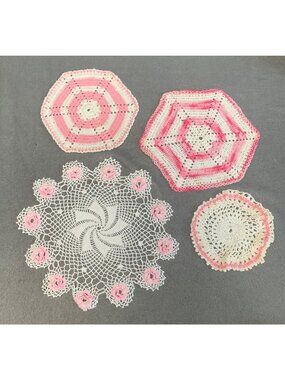 Handmade Crochet Doilies Set Pink & White Vintage Style Decorative